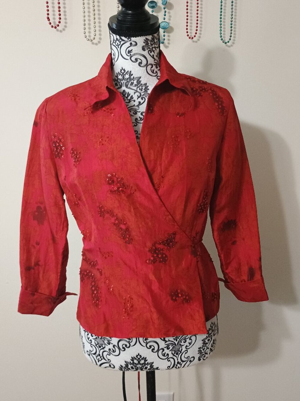 Vintage ICE Red Silk Wrap Top Beaded